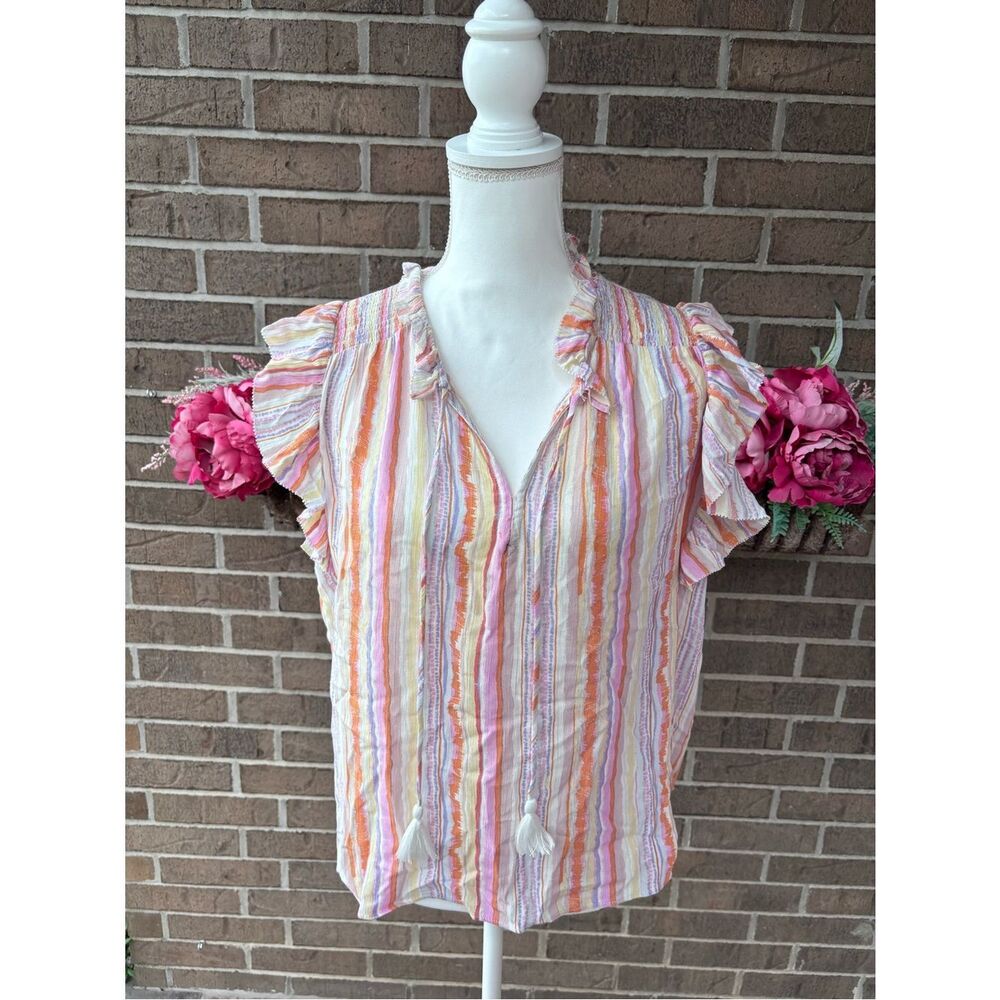 Karlie Pastel Multi-Striped Flutter Sleeve V-Neck Top - Picture 2 of 7